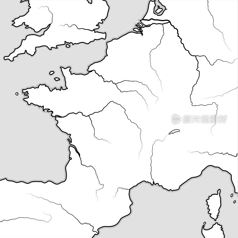 地图的法国土地:法国和它的地区- Île-de-France，香槟，诺曼底，布列塔尼，阿基坦，欧西坦，普罗旺斯，勃艮第，洛林，埃尔萨斯。有海岸线和河流的地理图。